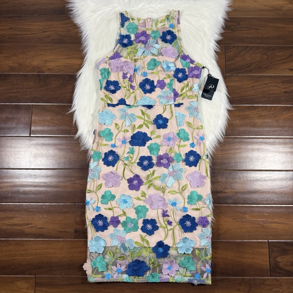 Adrianna Papell Women's Size 6 Floral Embroidered Column Mesh Midi Dress
